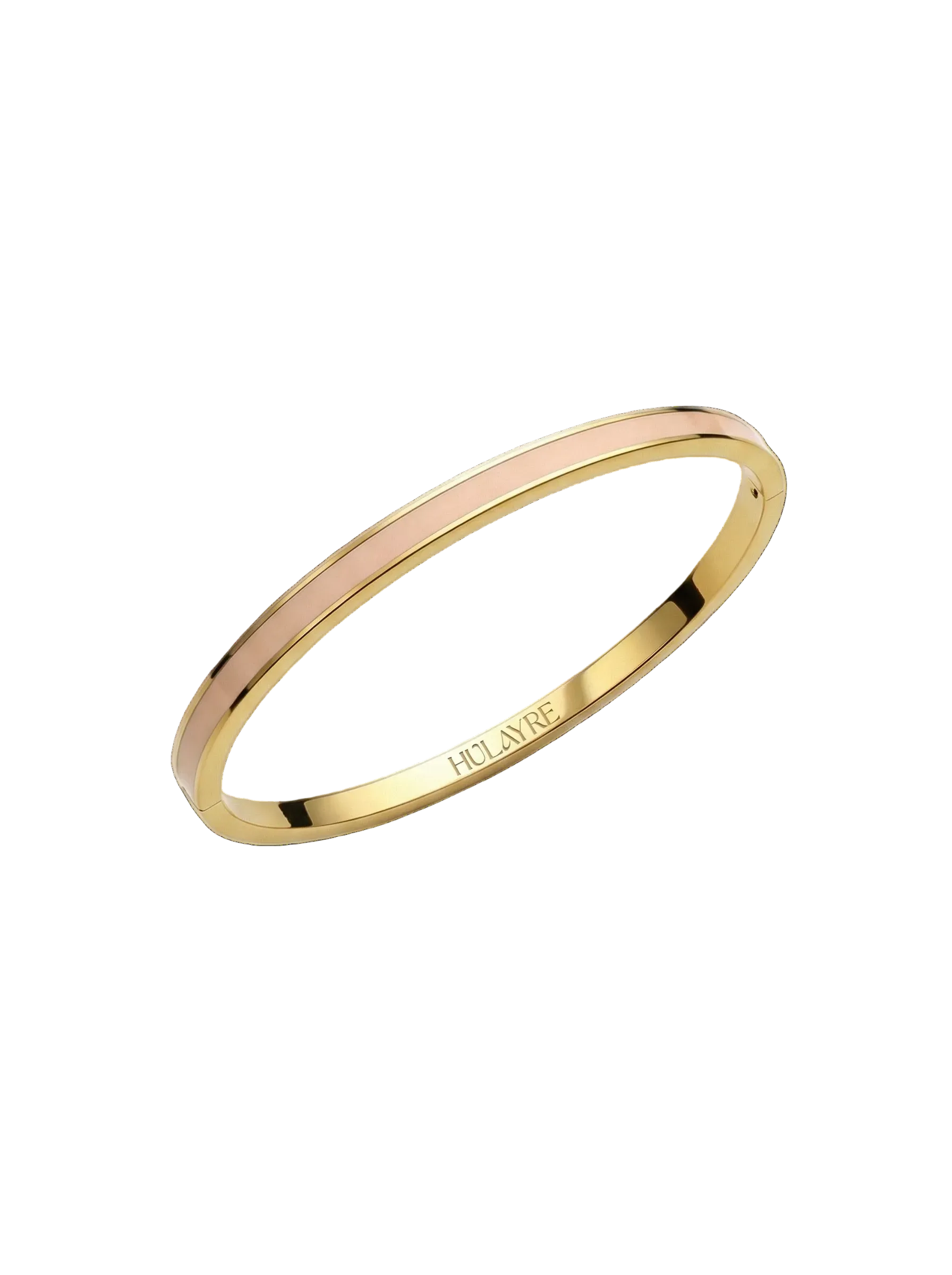 Layer bangle in 18k yellow gold with dusty pink enamel on a white background.