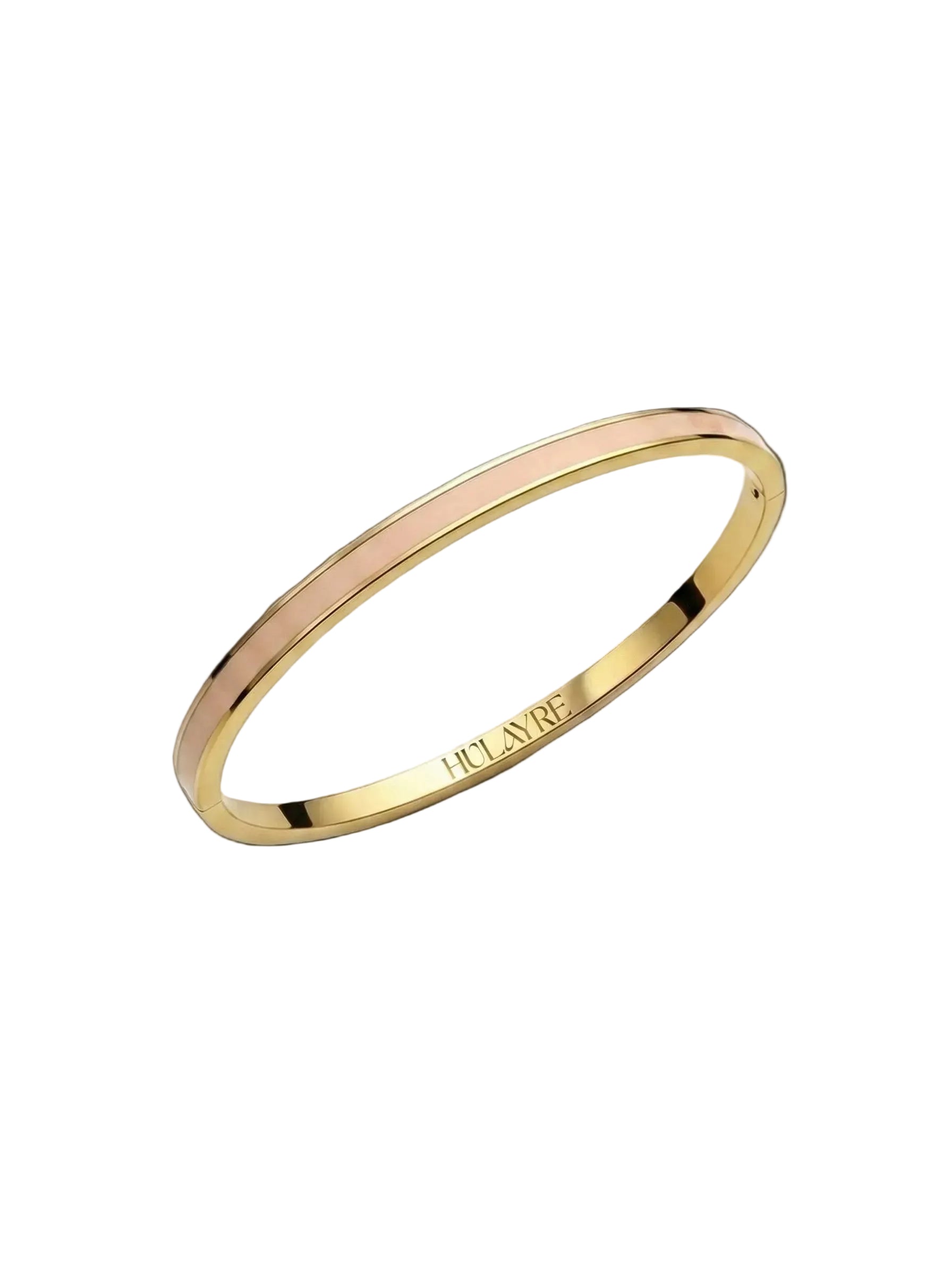 Layer bangle in 18k yellow gold with dusty pink enamel on a white background.